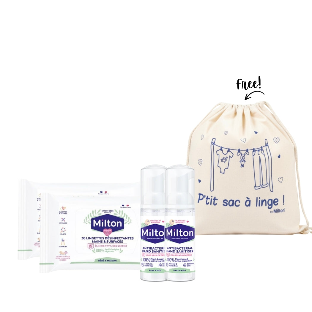 2 x 30 Lingettes Désinfectantes De Surface + 2 x Milton Hand Foam + Free Bag